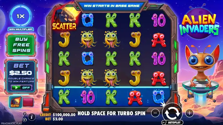 Alien Invaders spin 1 - credit $100,000.00, base game start