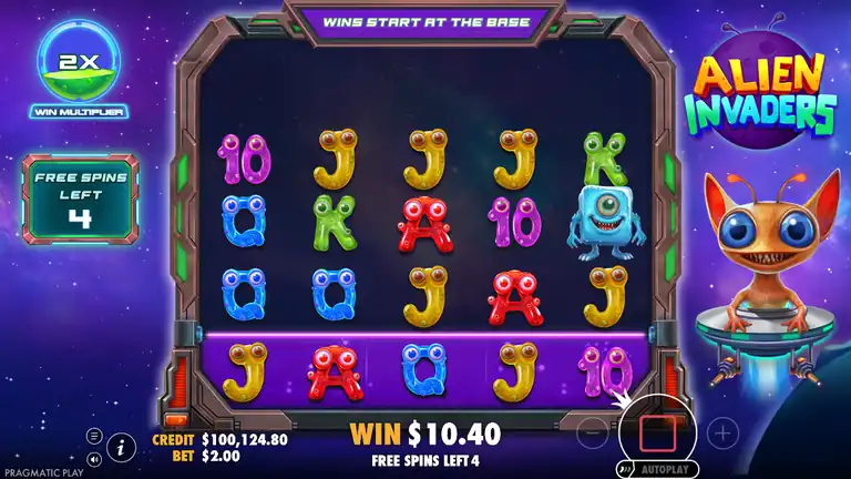 Alien Invaders spin 828 - credit $100,124.80, mid Free Spins Win Multiplier 2x