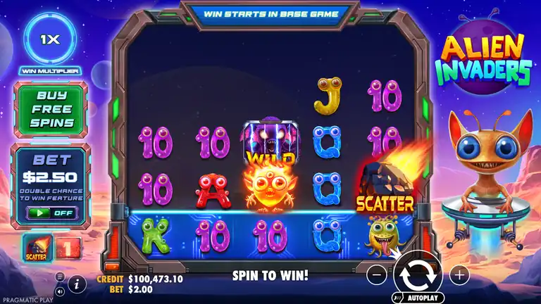 Alien Invaders spin 1227 - credit $100,473.10, Wild and Scatter visible