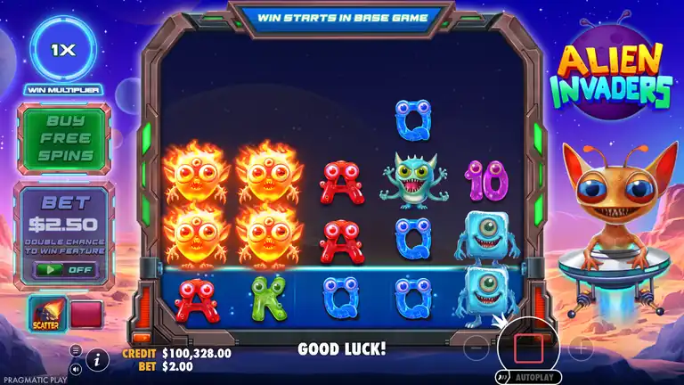 Alien Invaders spin 1626 - credit $100,328.00, fire alien symbols on reels 1-2