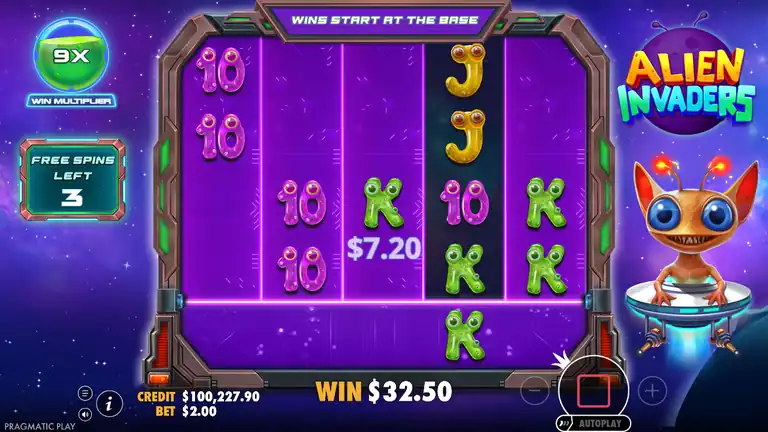 Alien Invaders Free Spins - Bonus 5 mid-round at spin 985, Win Multiplier 9x active, credit $100,227.90