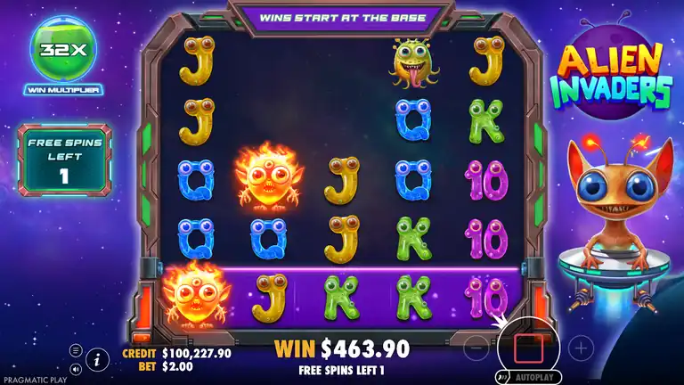 Alien Invaders Free Spins - Final spin of bonus 5, Win Multiplier 32x, WIN $463.90 on screen
